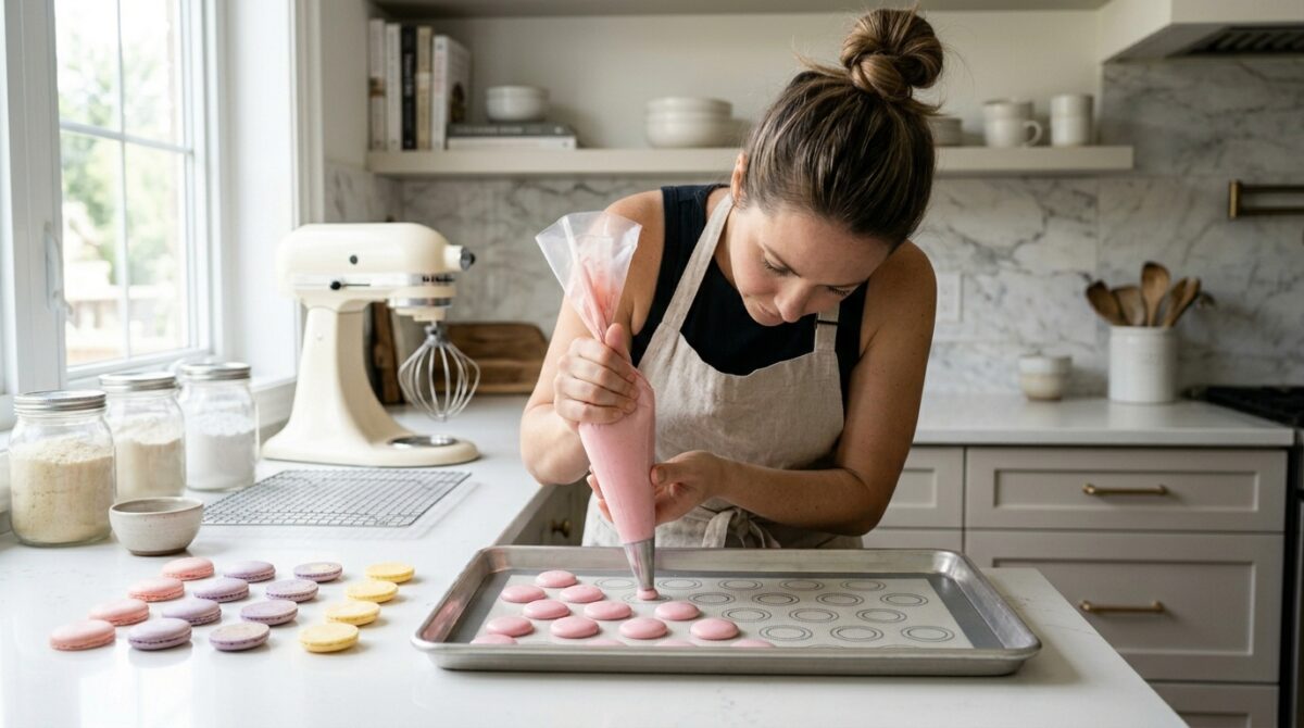 Baker piping smooth macaron batter onto a baking tray in a modern luxury kitchen setup.