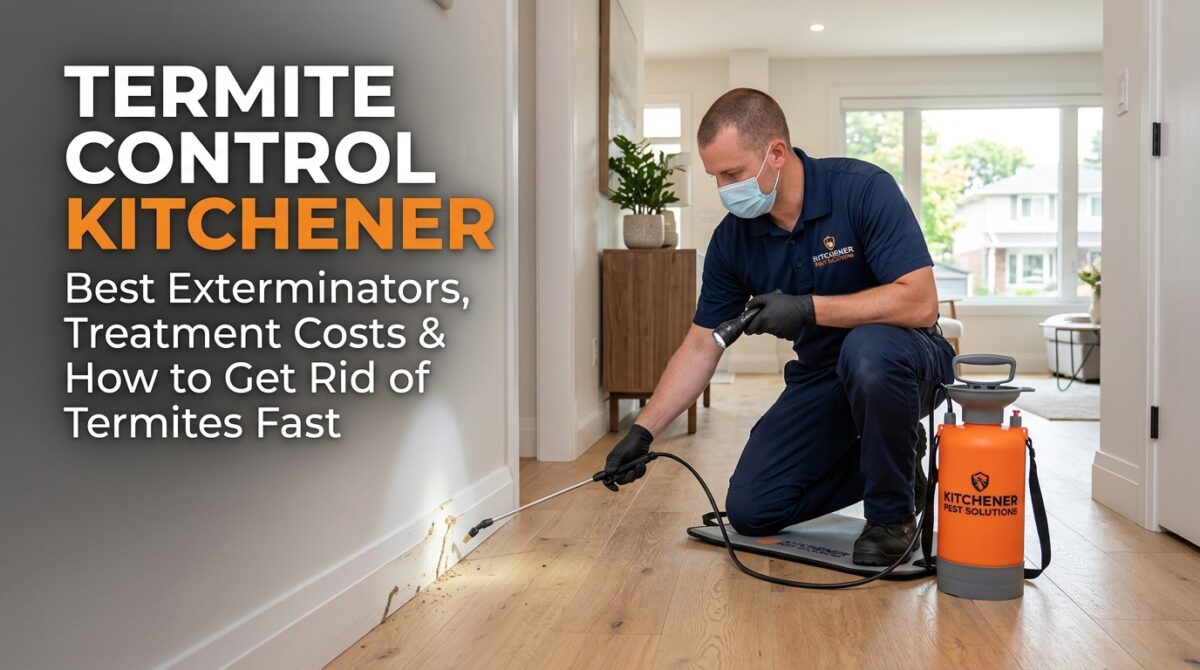Professional exterminator applying termite treatment inside a modern home in Kitchener, Ontario. Expert termite control Kitchener services for termite inspection, fast infestation removal, treatment costs, and long-term home protection from termite damage.